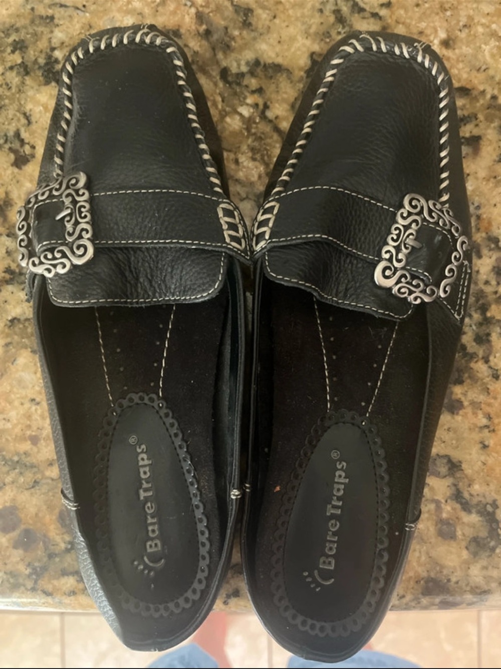 BareTraps Black Leather Slip-On Loafers with Silver Buckle Accent